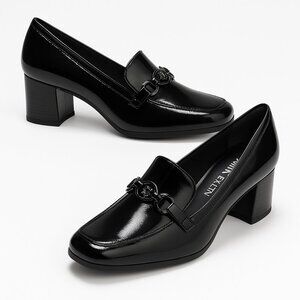 AK Anne Klein Treasure Black Patent Loafer Block Heels Size 6.5M | Minimalist
